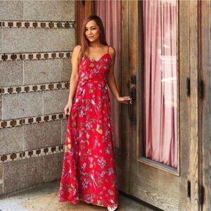 Nanette Lepore S Hummingbird red floral Maxi Dress Empire Waist Boho Feminine